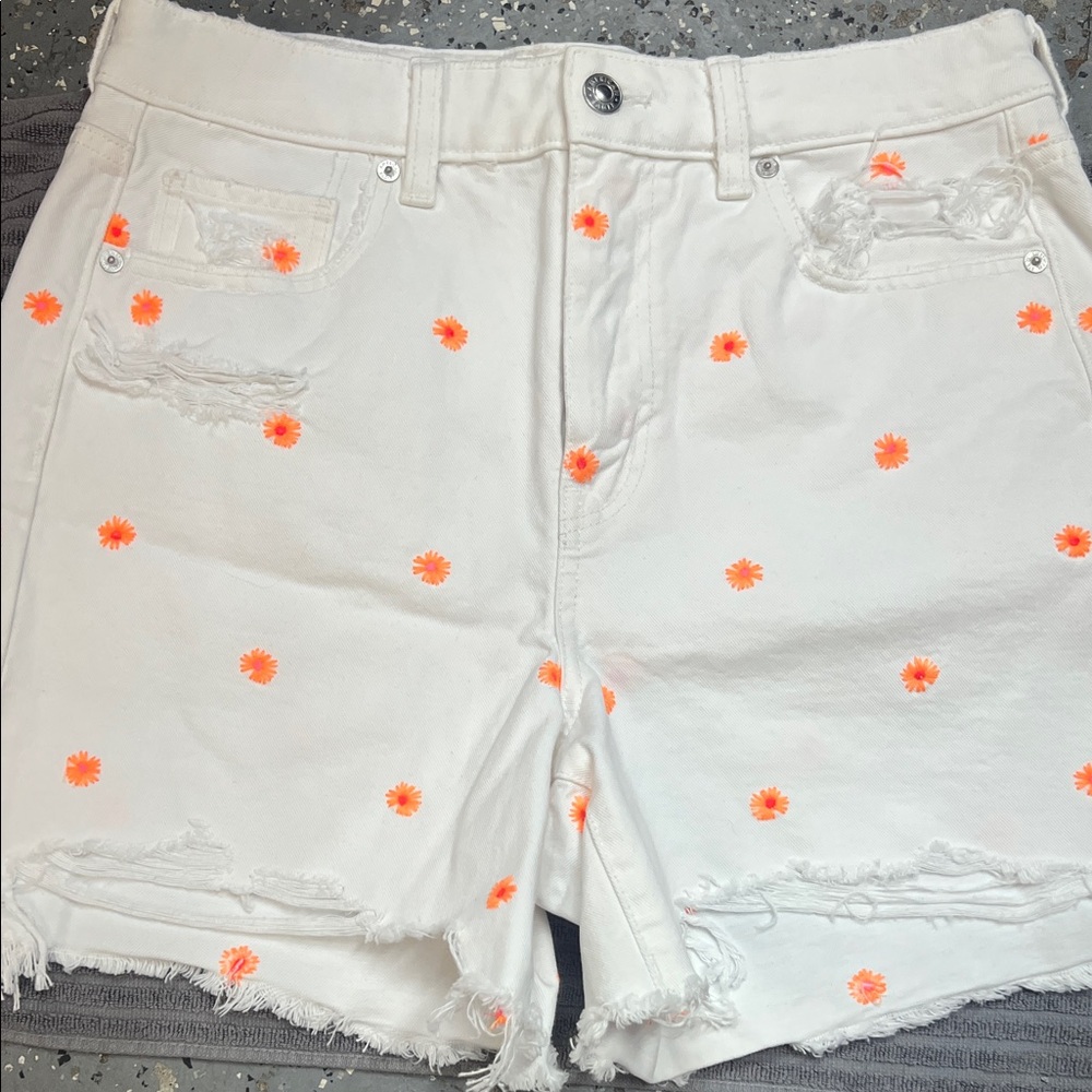 American Eagle White Jean Shorts with Orange Accents